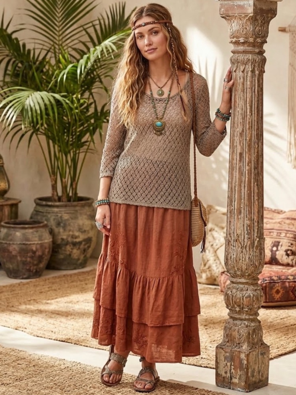 Chicos Boho Diamond Open Knit Crochet Tunic Top Sheer Taupe Medium Earthcore